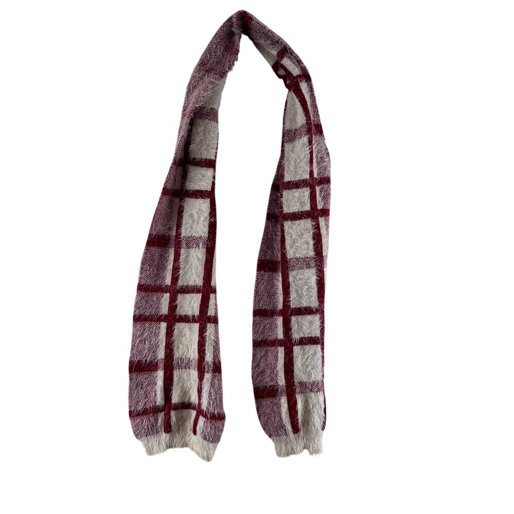 Chenille Eyelash Scarf 56" Long Red Cream Plaid Holiday Super Soft Winter Warm
